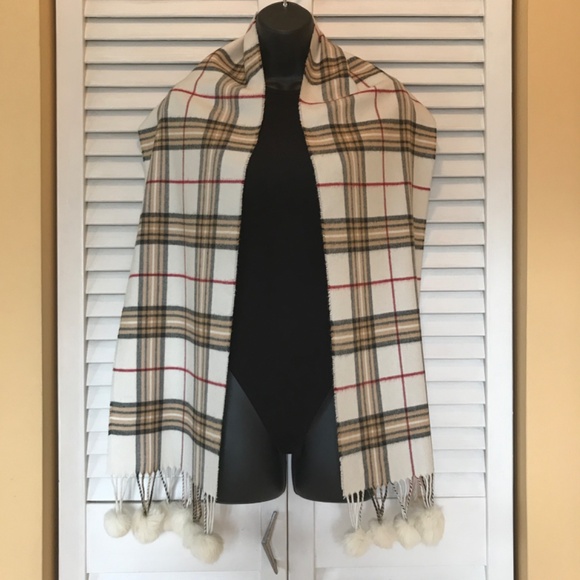 White Plaid Scarf- Real Fur Pom Poms! EUC 3/$19 - Picture 7 of 12